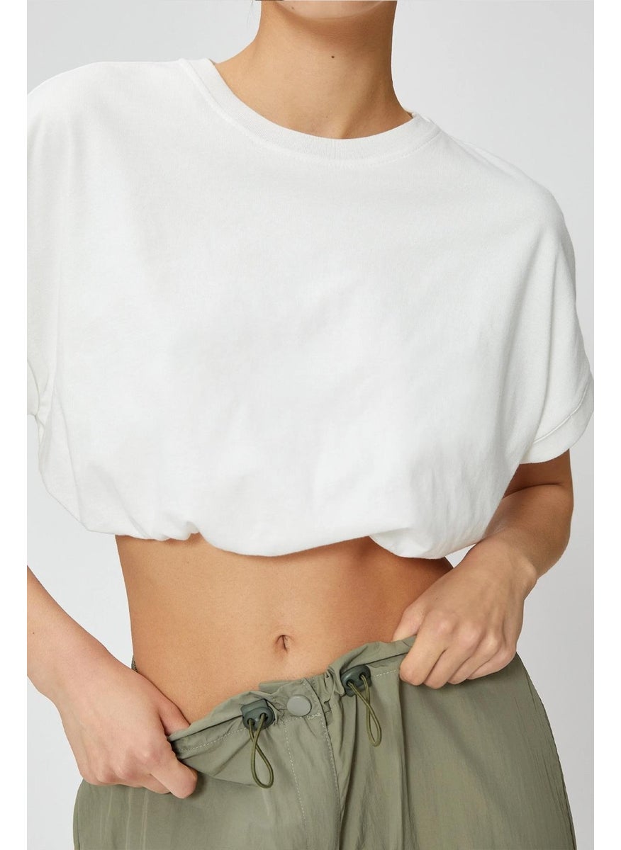 Women's White Crew Neck Skirt Elastic Jersey Crop T-Shirt