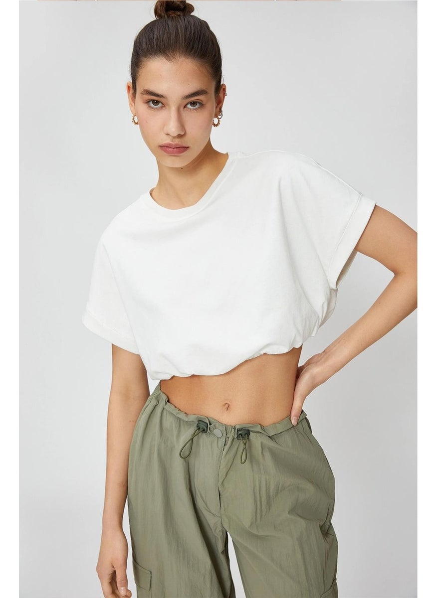 Women's White Crew Neck Skirt Elastic Jersey Crop T-Shirt