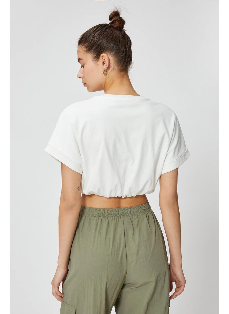 Women's White Crew Neck Skirt Elastic Jersey Crop T-Shirt