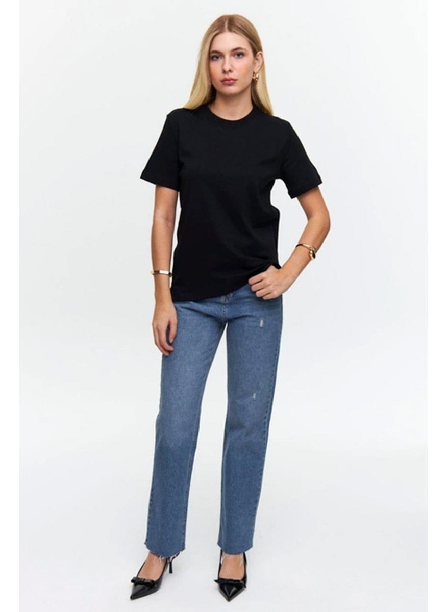 Women's Black Crew Neck Cardigan Stitched Basic T-Shirt