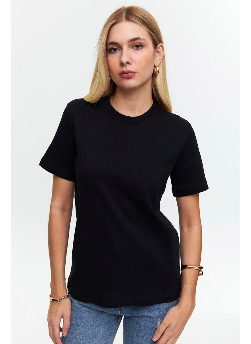 Women's Black Crew Neck Cardigan Stitched Basic T-Shirt