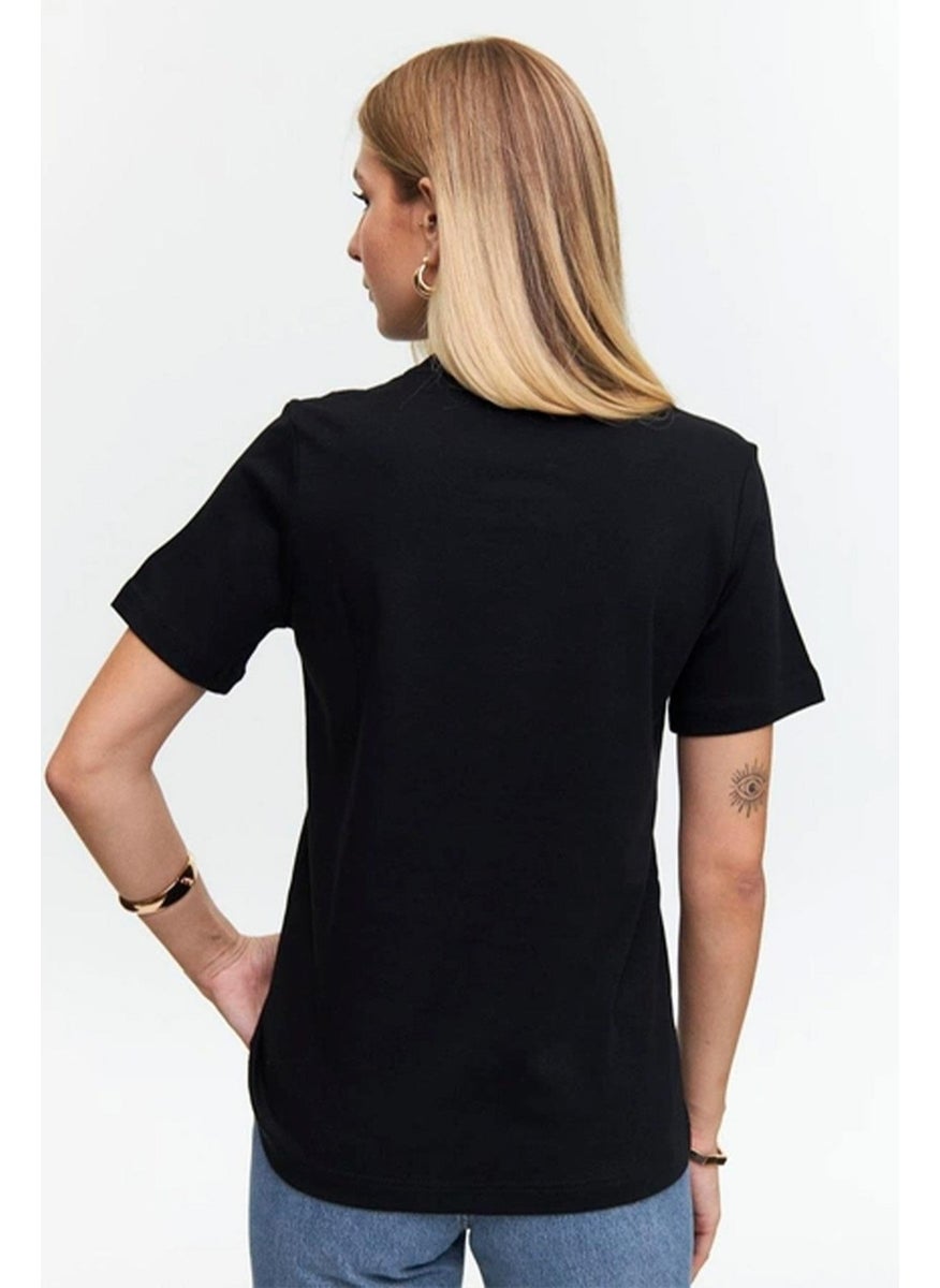 Women's Black Crew Neck Cardigan Stitched Basic T-Shirt