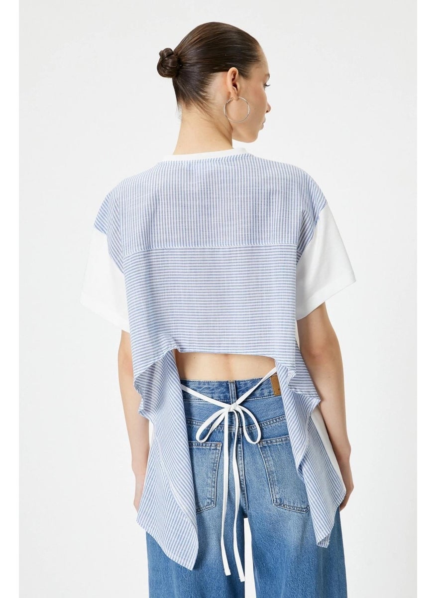 Women's Ecru Crew Neck Back Pieced Rope Tie T-Shirt
