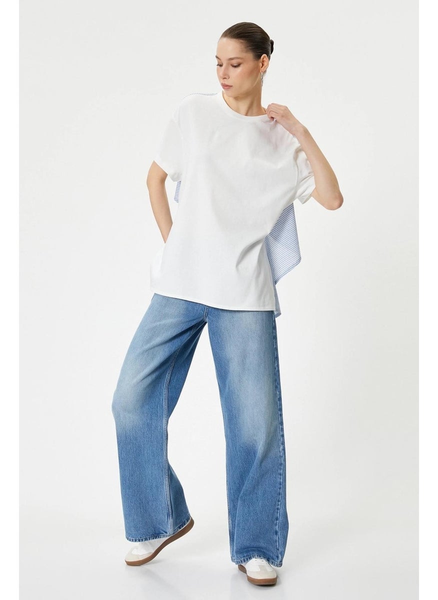 Women's Ecru Crew Neck Back Pieced Rope Tie T-Shirt