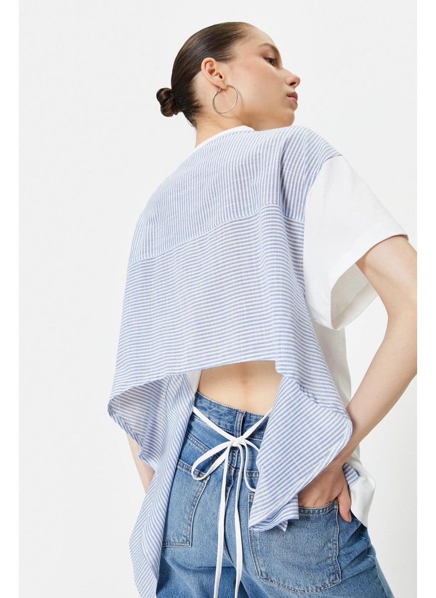 Women's Ecru Crew Neck Back Pieced Rope Tie T-Shirt