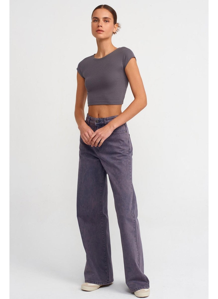 Women's Gray Crew Neck Low Sleeve Full Lycra Rib Crop T-Shirt