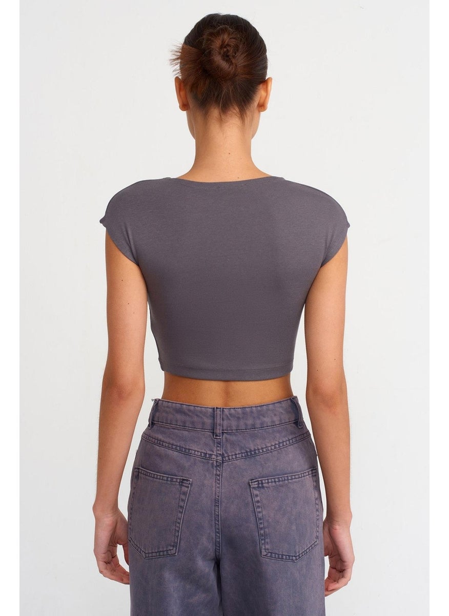 Women's Gray Crew Neck Low Sleeve Full Lycra Rib Crop T-Shirt