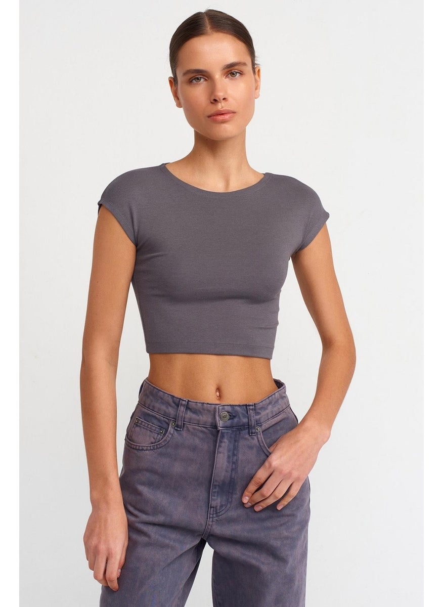 Women's Gray Crew Neck Low Sleeve Full Lycra Rib Crop T-Shirt