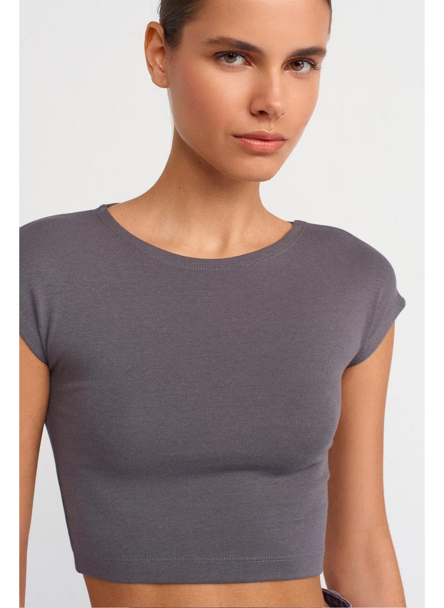 Women's Gray Crew Neck Low Sleeve Full Lycra Rib Crop T-Shirt