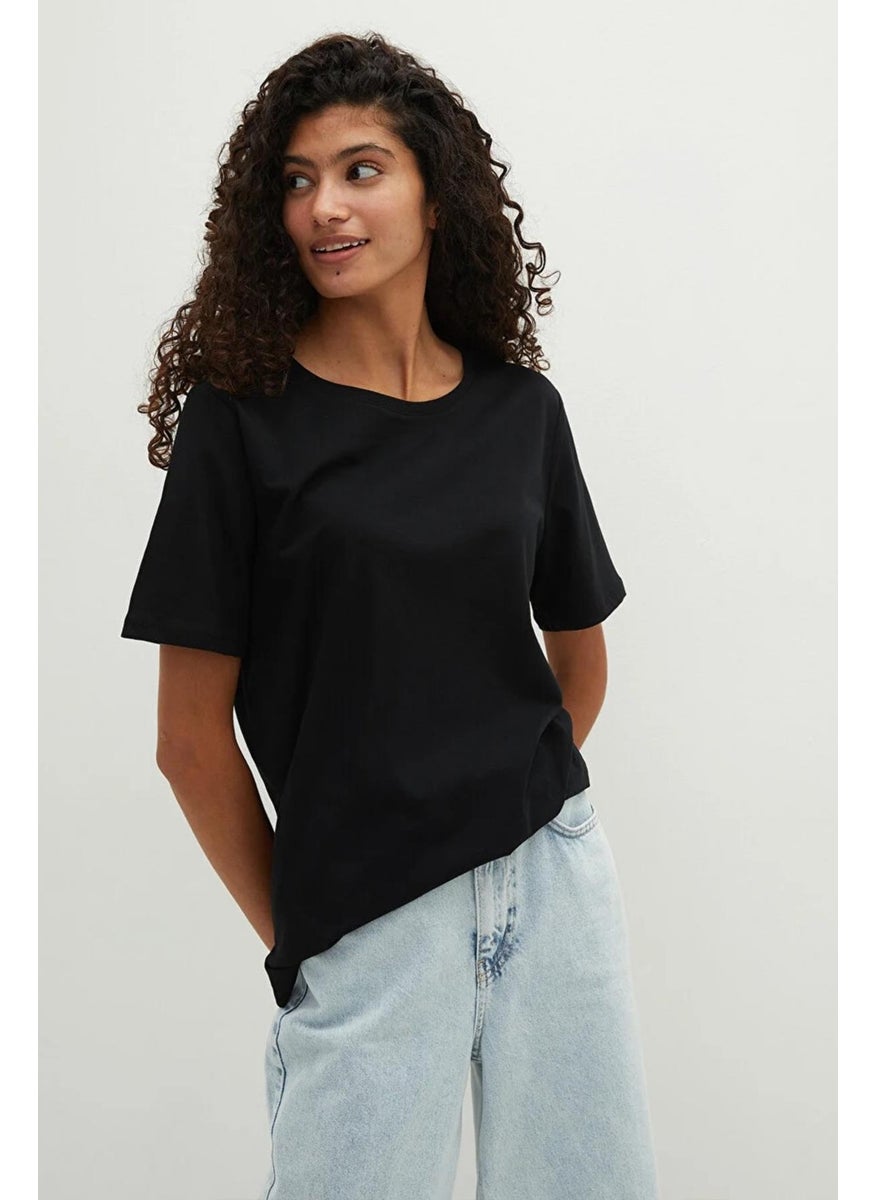 Women's Black Crew Neck Oversize Basic Jersey T-Shirt