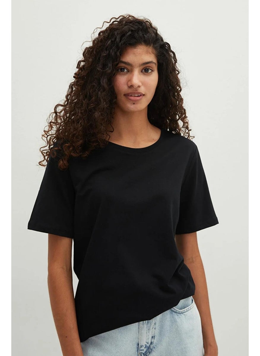 Women's Black Crew Neck Oversize Basic Jersey T-Shirt