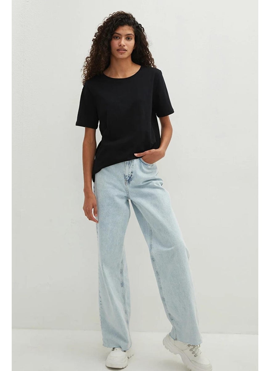 Women's Black Crew Neck Oversize Basic Jersey T-Shirt