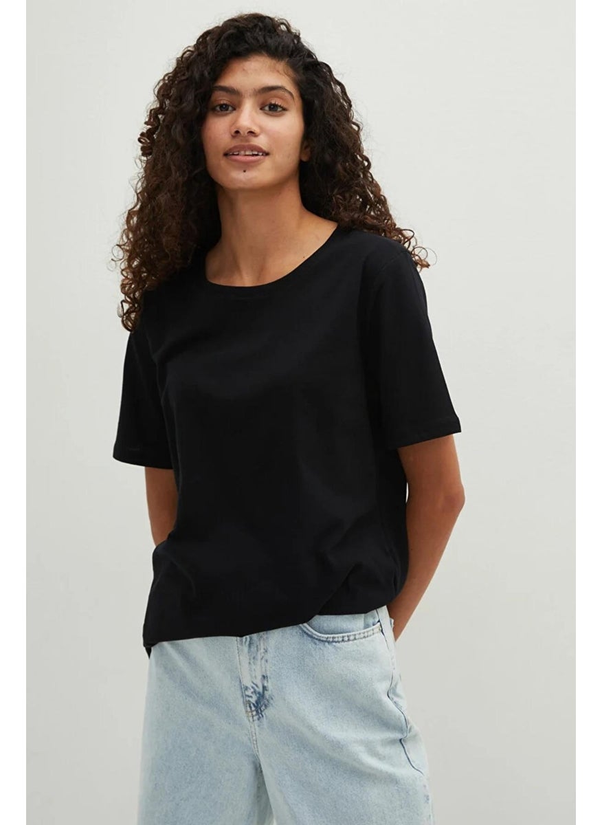 Women's Black Crew Neck Oversize Basic Jersey T-Shirt