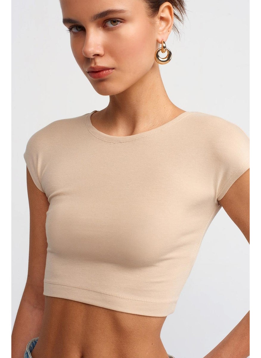 Women's Stone Crew Neck Low Sleeve Full Lycra Rib Crop T-Shirt