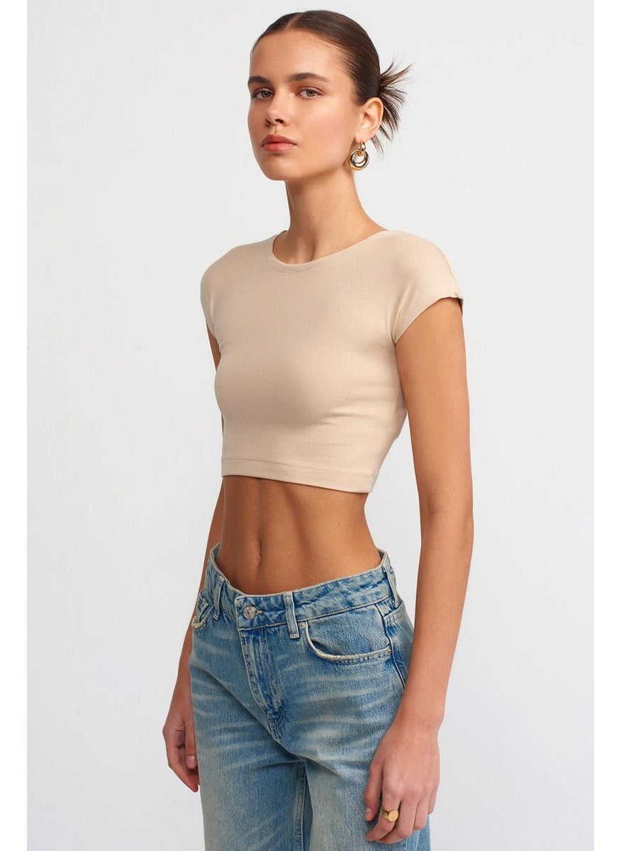 Women's Stone Crew Neck Low Sleeve Full Lycra Rib Crop T-Shirt