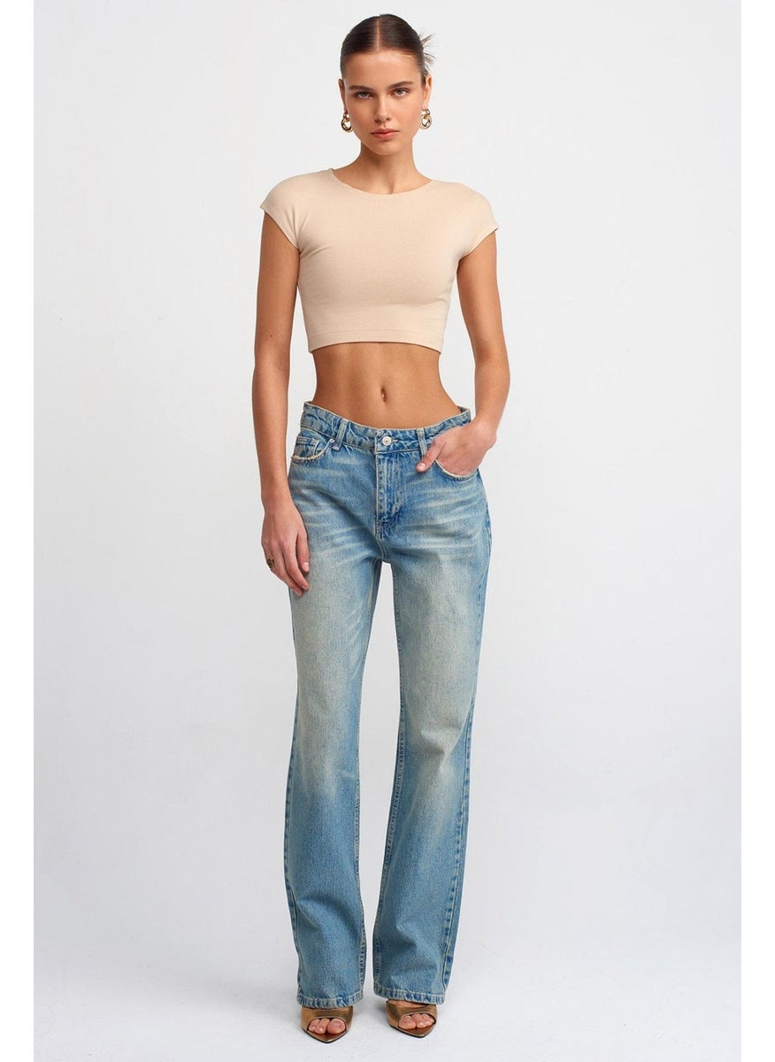 Women's Stone Crew Neck Low Sleeve Full Lycra Rib Crop T-Shirt