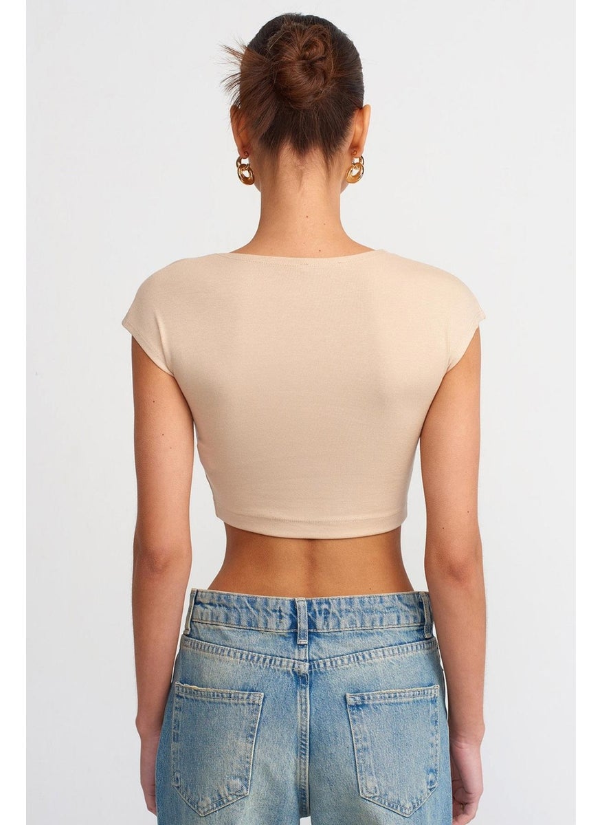 Women's Stone Crew Neck Low Sleeve Full Lycra Rib Crop T-Shirt