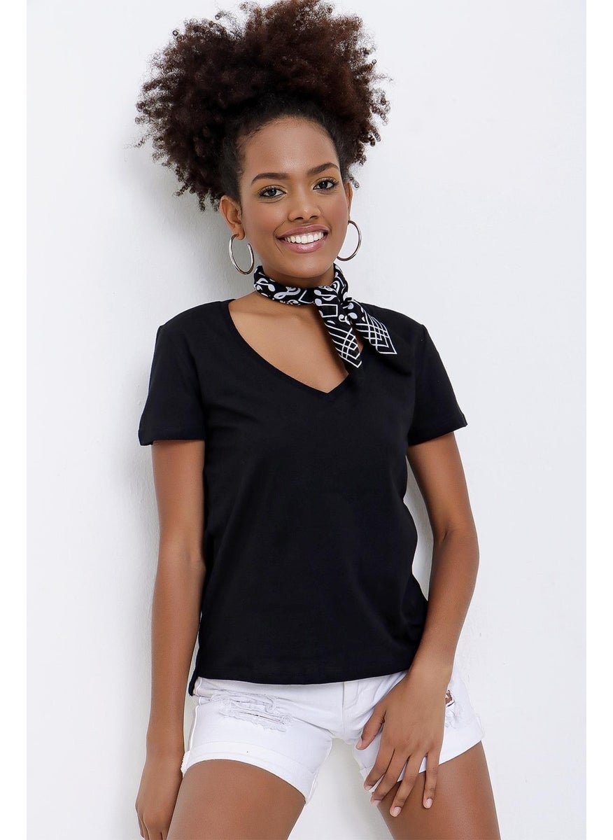 Women's Black Front Short Back Long V Neck Jersey T-Shirt