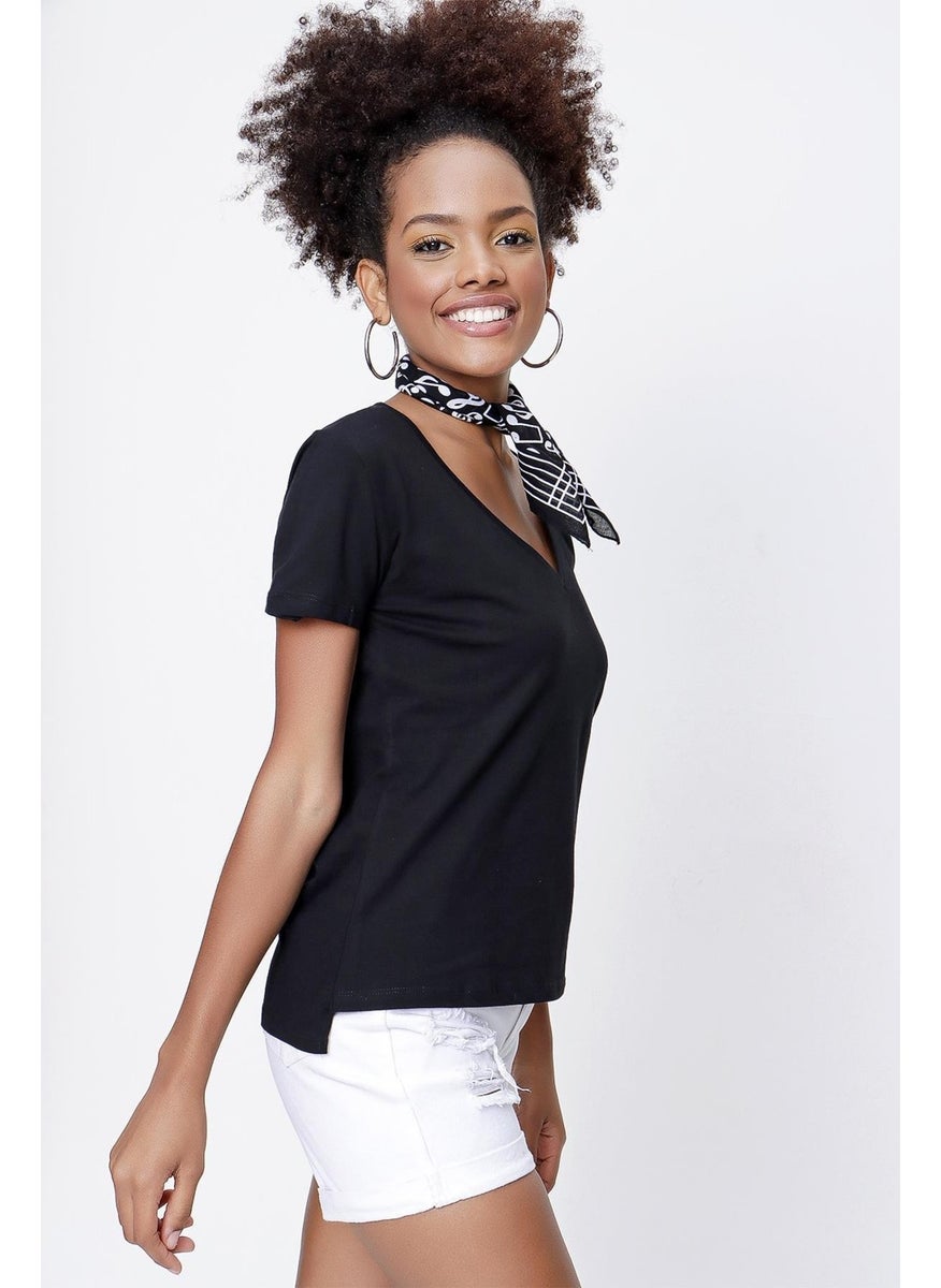 Women's Black Front Short Back Long V Neck Jersey T-Shirt