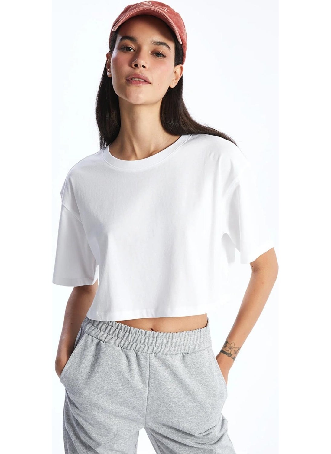Women's White Crew Neck Oversize Jersey Basic Crop T-Shirt