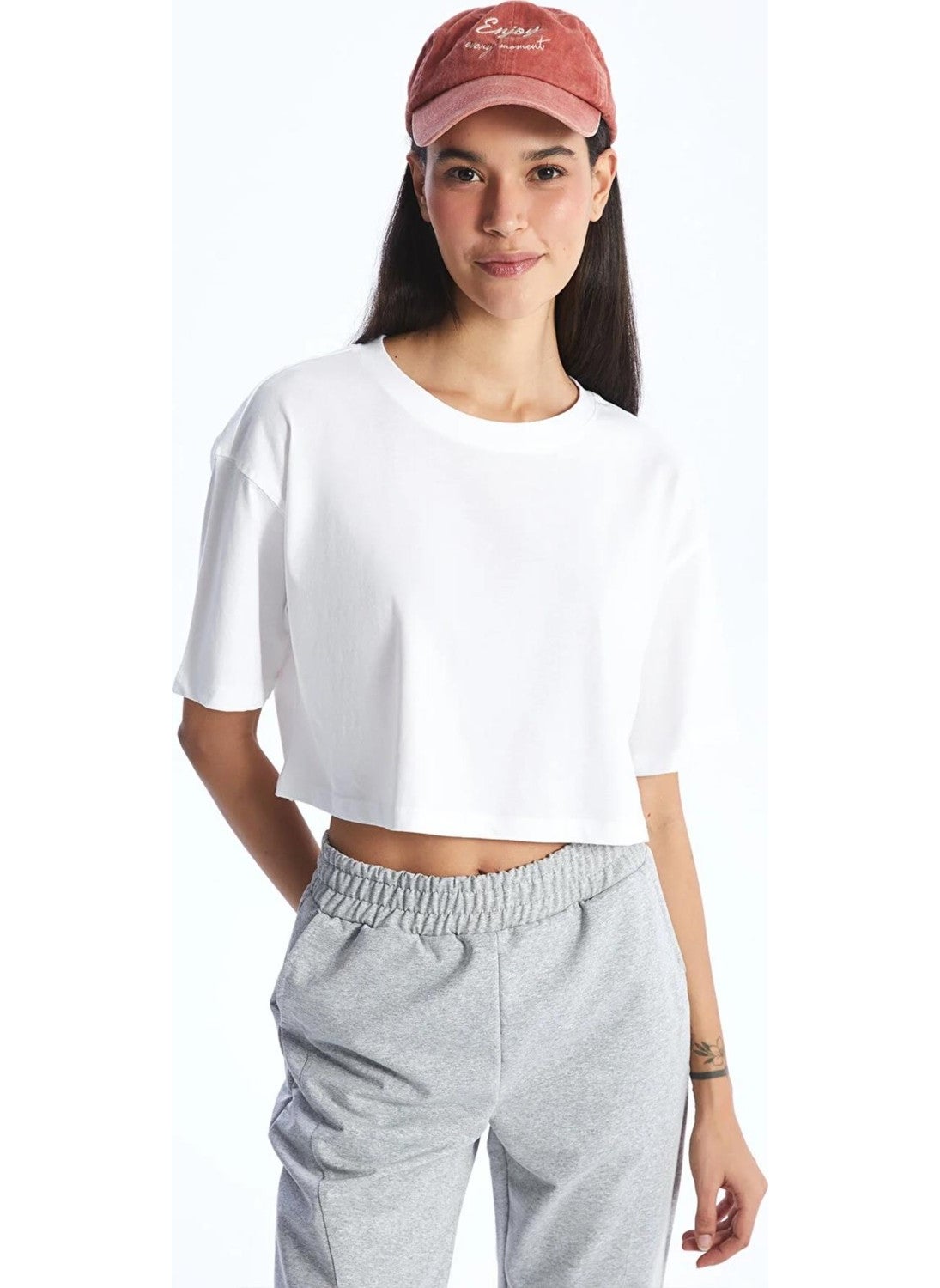 Women's White Crew Neck Oversize Jersey Basic Crop T-Shirt