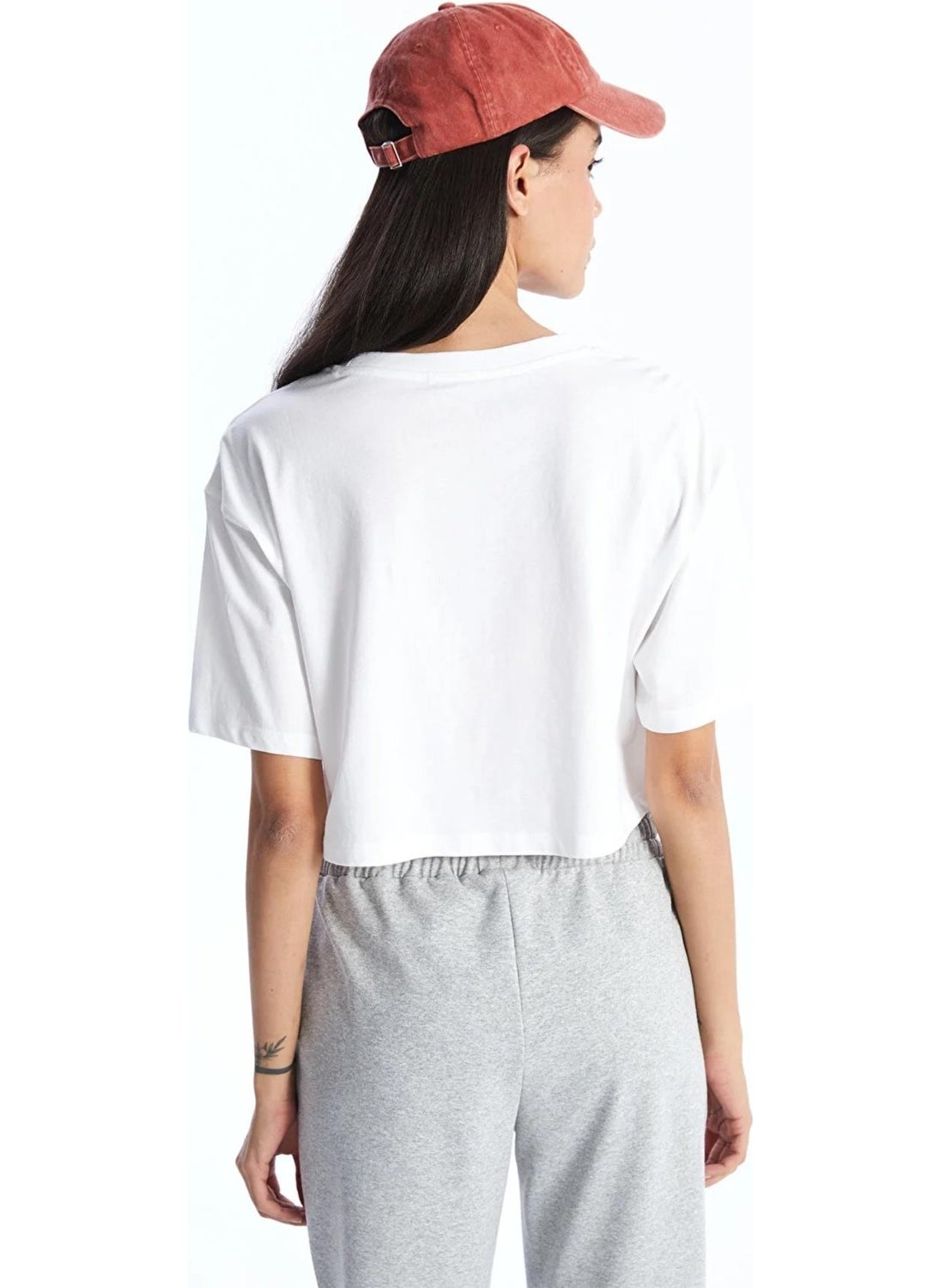 Women's White Crew Neck Oversize Jersey Basic Crop T-Shirt