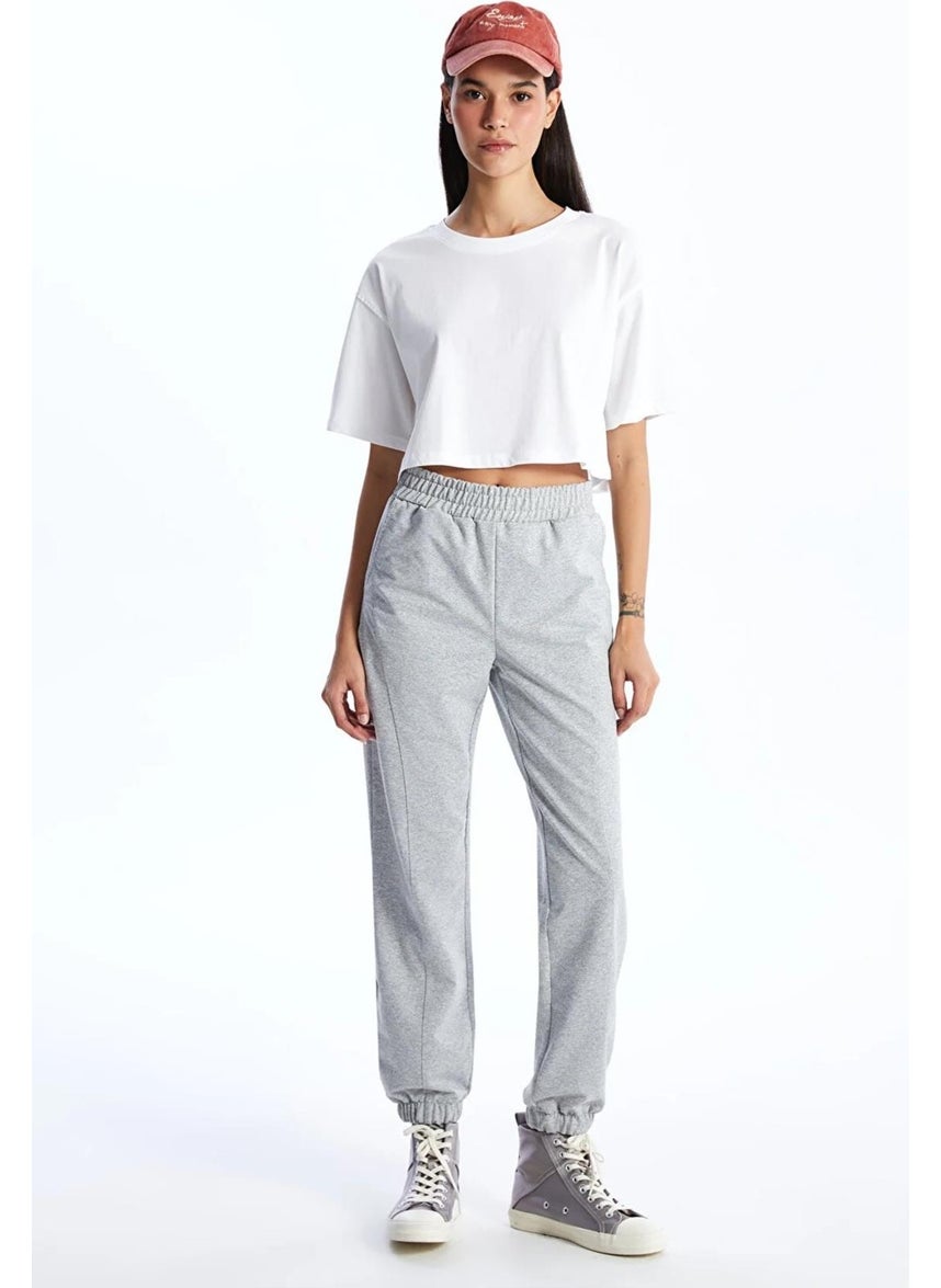Women's White Crew Neck Oversize Jersey Basic Crop T-Shirt
