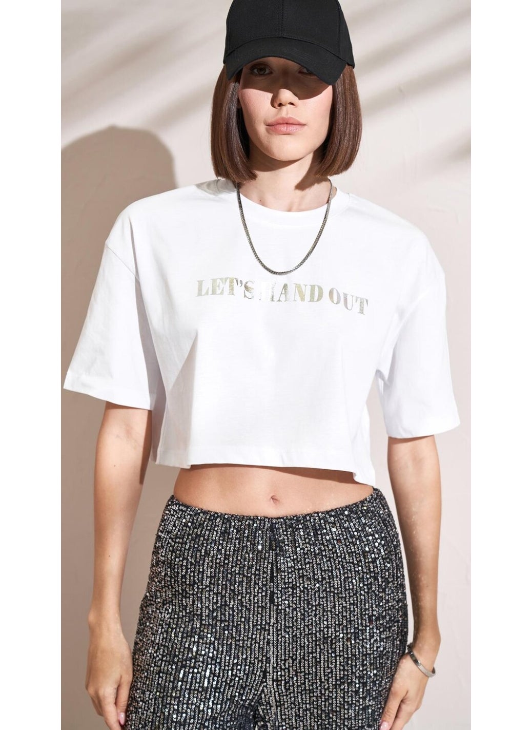 Women's White Crew Neck Oversize Jersey Leaf Printed Crop T-Shirt