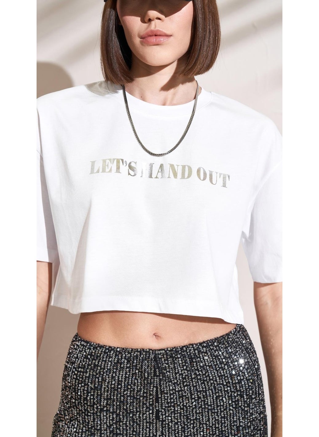 Women's White Crew Neck Oversize Jersey Leaf Printed Crop T-Shirt