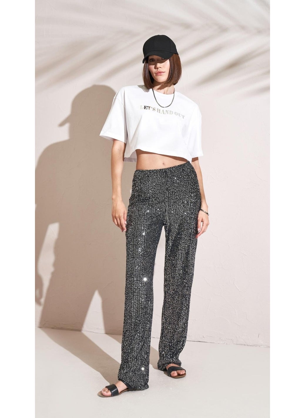 Women's White Crew Neck Oversize Jersey Leaf Printed Crop T-Shirt