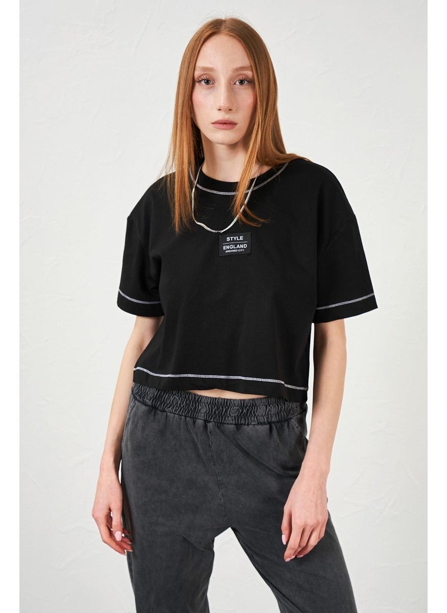 Women's Black Crew Neck Core Stitched Basic Jersey Crop T-Shirt