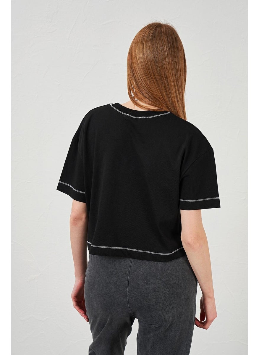 Women's Black Crew Neck Core Stitched Basic Jersey Crop T-Shirt