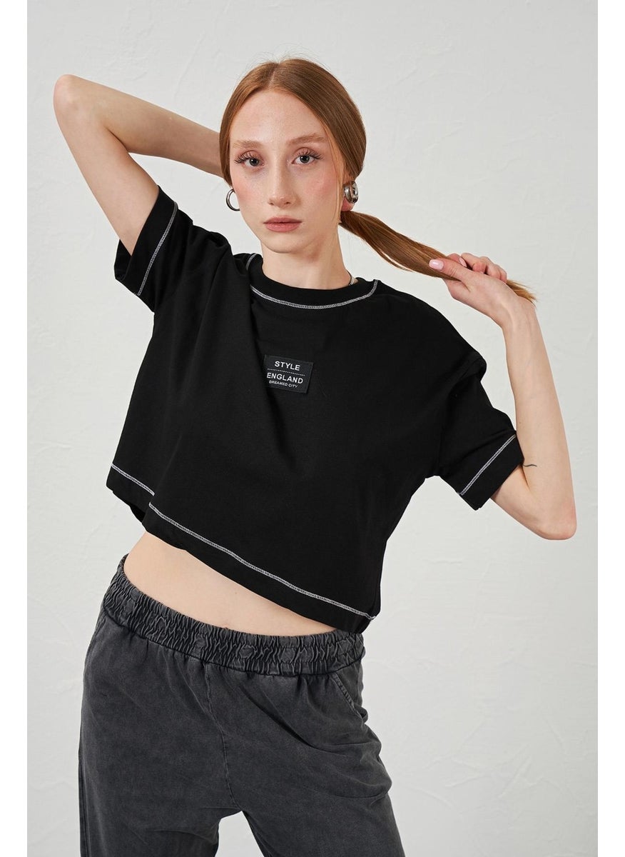 Women's Black Crew Neck Core Stitched Basic Jersey Crop T-Shirt