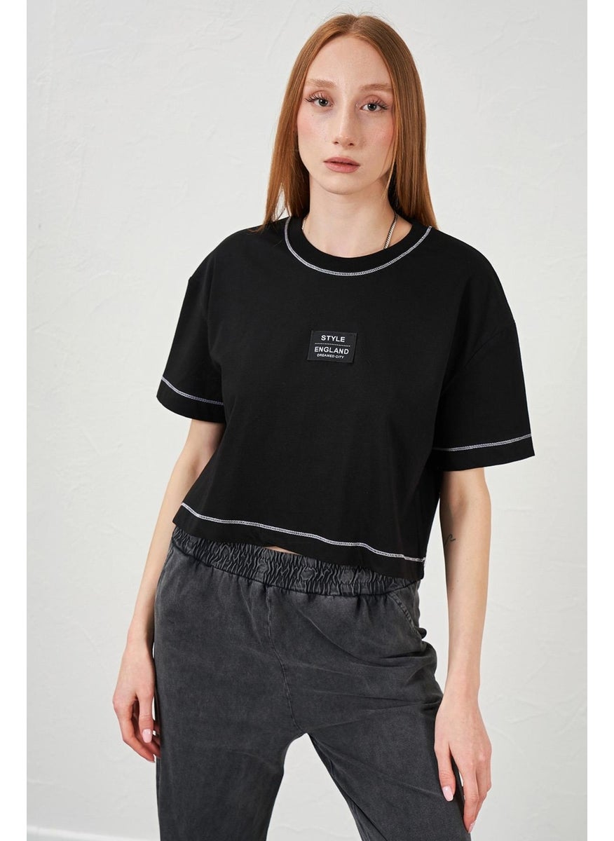 Women's Black Crew Neck Core Stitched Basic Jersey Crop T-Shirt