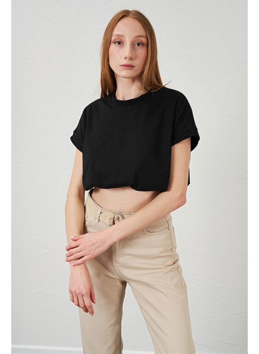 Women's Black Crew Neck Skirt Elastic Jersey Crop T-Shirt