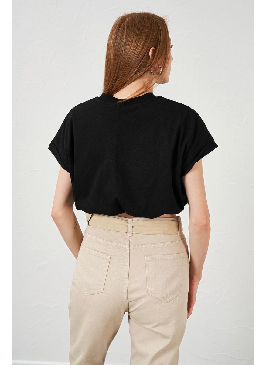 Women's Black Crew Neck Skirt Elastic Jersey Crop T-Shirt