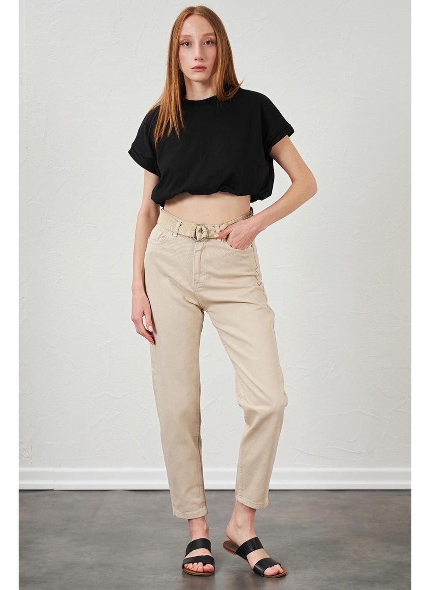 Women's Black Crew Neck Skirt Elastic Jersey Crop T-Shirt