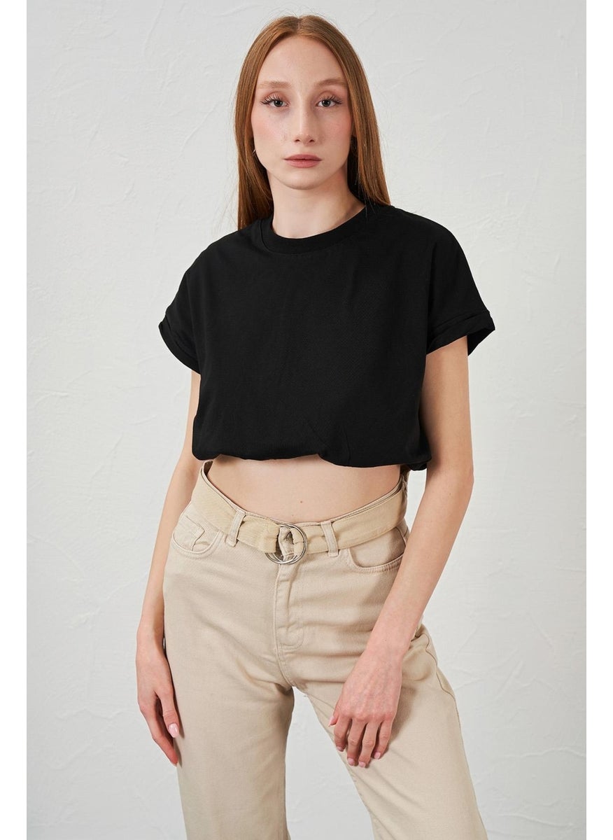 Women's Black Crew Neck Skirt Elastic Jersey Crop T-Shirt