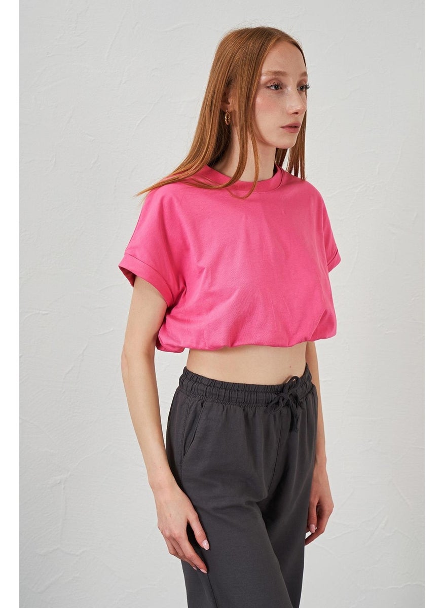 Women's Pink Crew Neck Skirt Elastic Jersey Crop T-Shirt