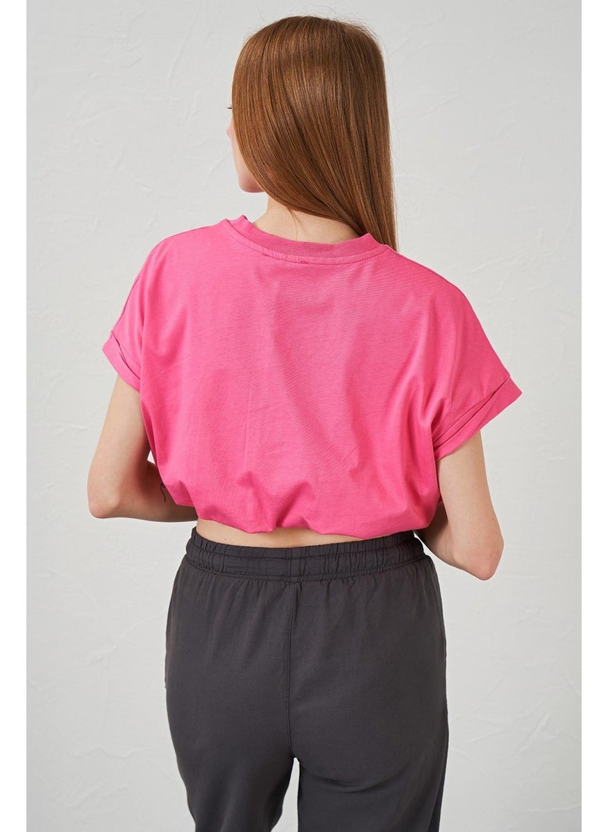 Women's Pink Crew Neck Skirt Elastic Jersey Crop T-Shirt