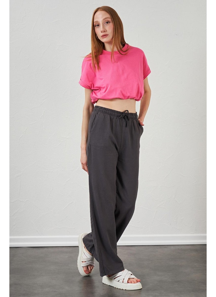 Women's Pink Crew Neck Skirt Elastic Jersey Crop T-Shirt