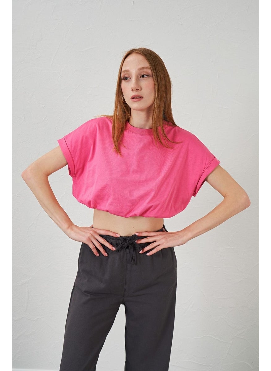 Women's Pink Crew Neck Skirt Elastic Jersey Crop T-Shirt