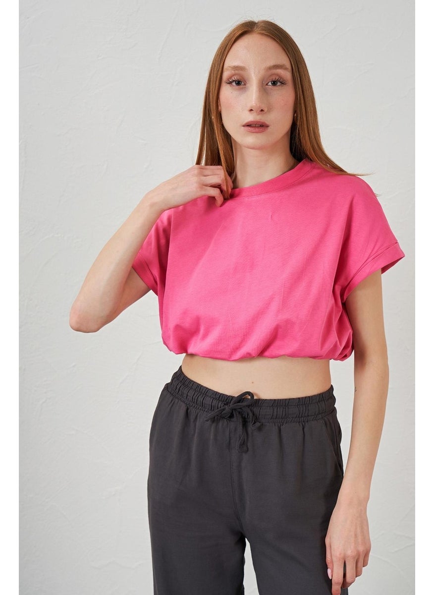 Women's Pink Crew Neck Skirt Elastic Jersey Crop T-Shirt