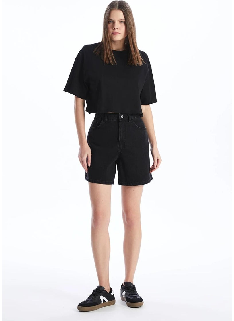 Women's Black Crew Neck Oversize Jersey Basic Crop T-Shirt