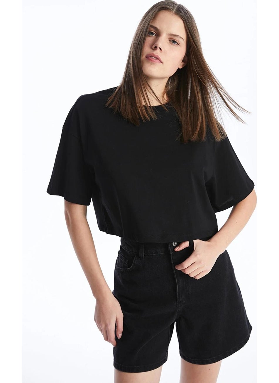 Women's Black Crew Neck Oversize Jersey Basic Crop T-Shirt