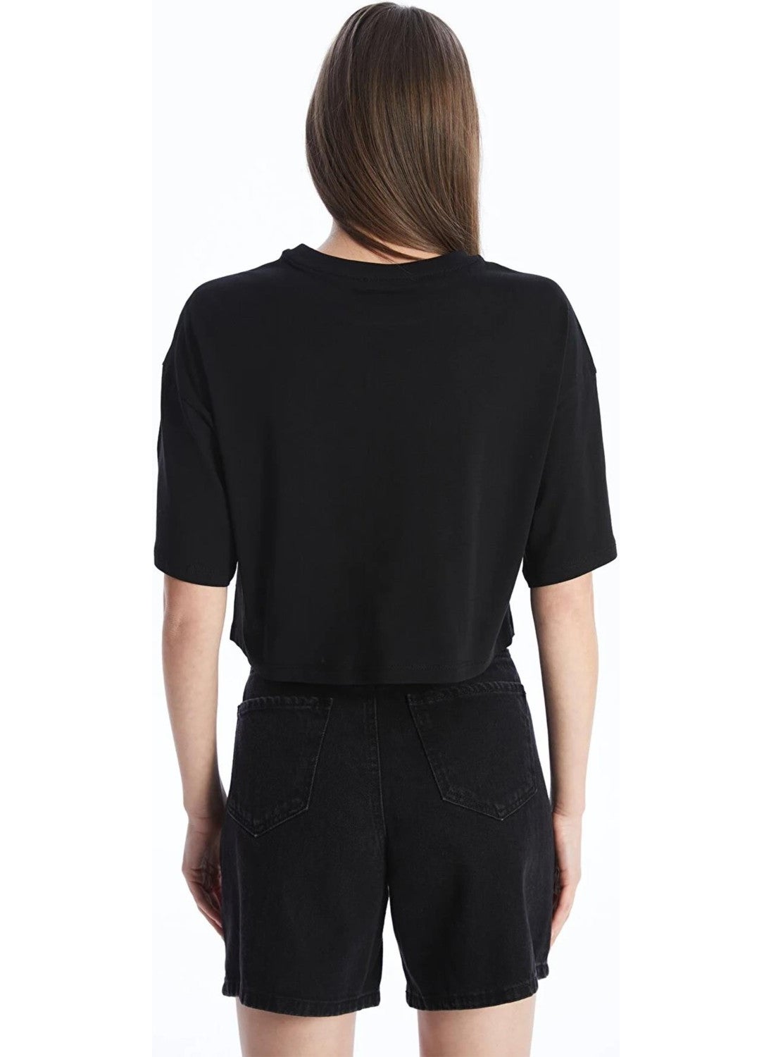 Women's Black Crew Neck Oversize Jersey Basic Crop T-Shirt