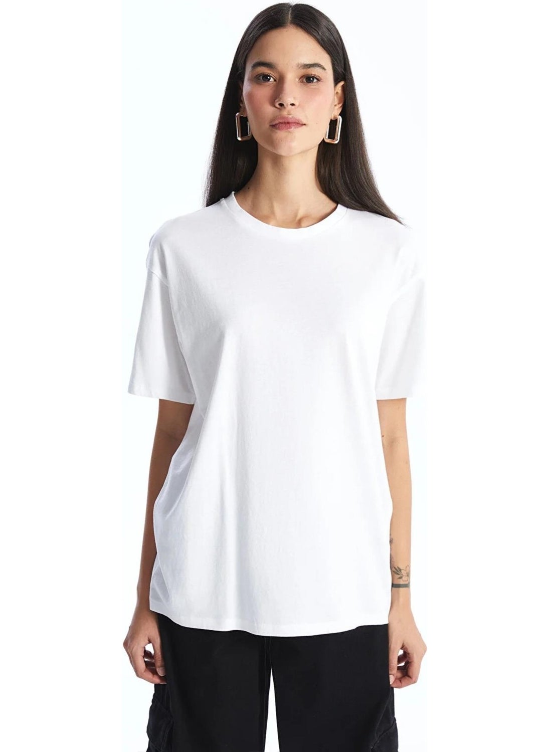 Women's White Crew Neck Oversize Basic Jersey T-Shirt