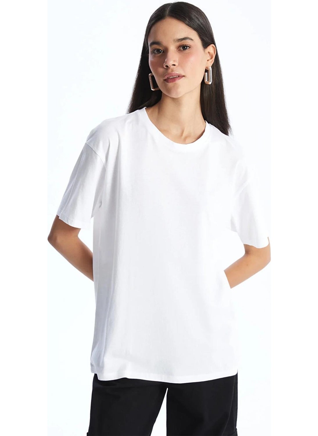 Women's White Crew Neck Oversize Basic Jersey T-Shirt