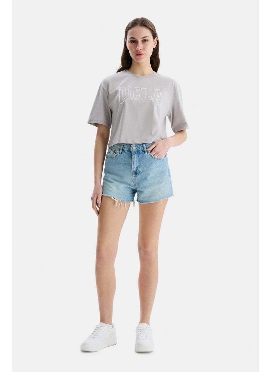 Helena Gray Crew Neck Oversize Crop Embroidered Oversize Women's Tshirt