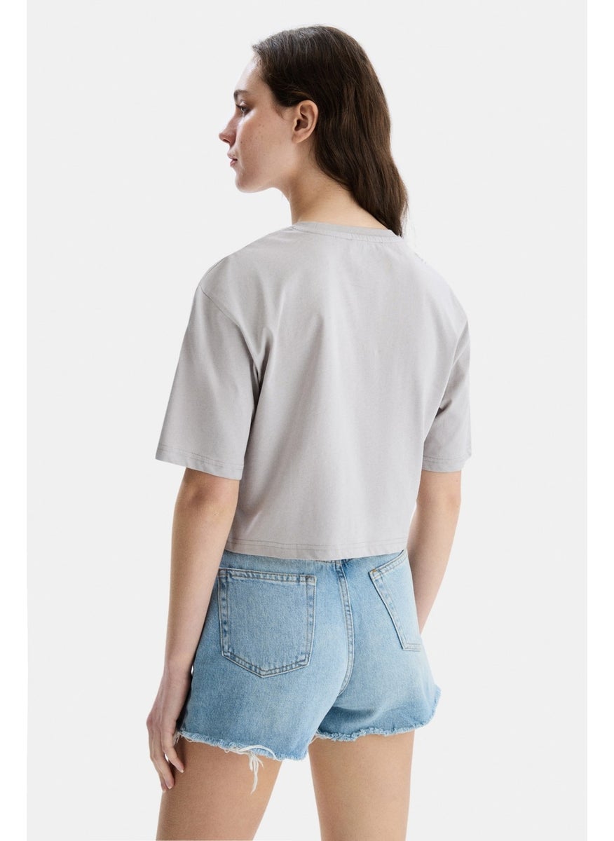 Helena Gray Crew Neck Oversize Crop Embroidered Oversize Women's Tshirt